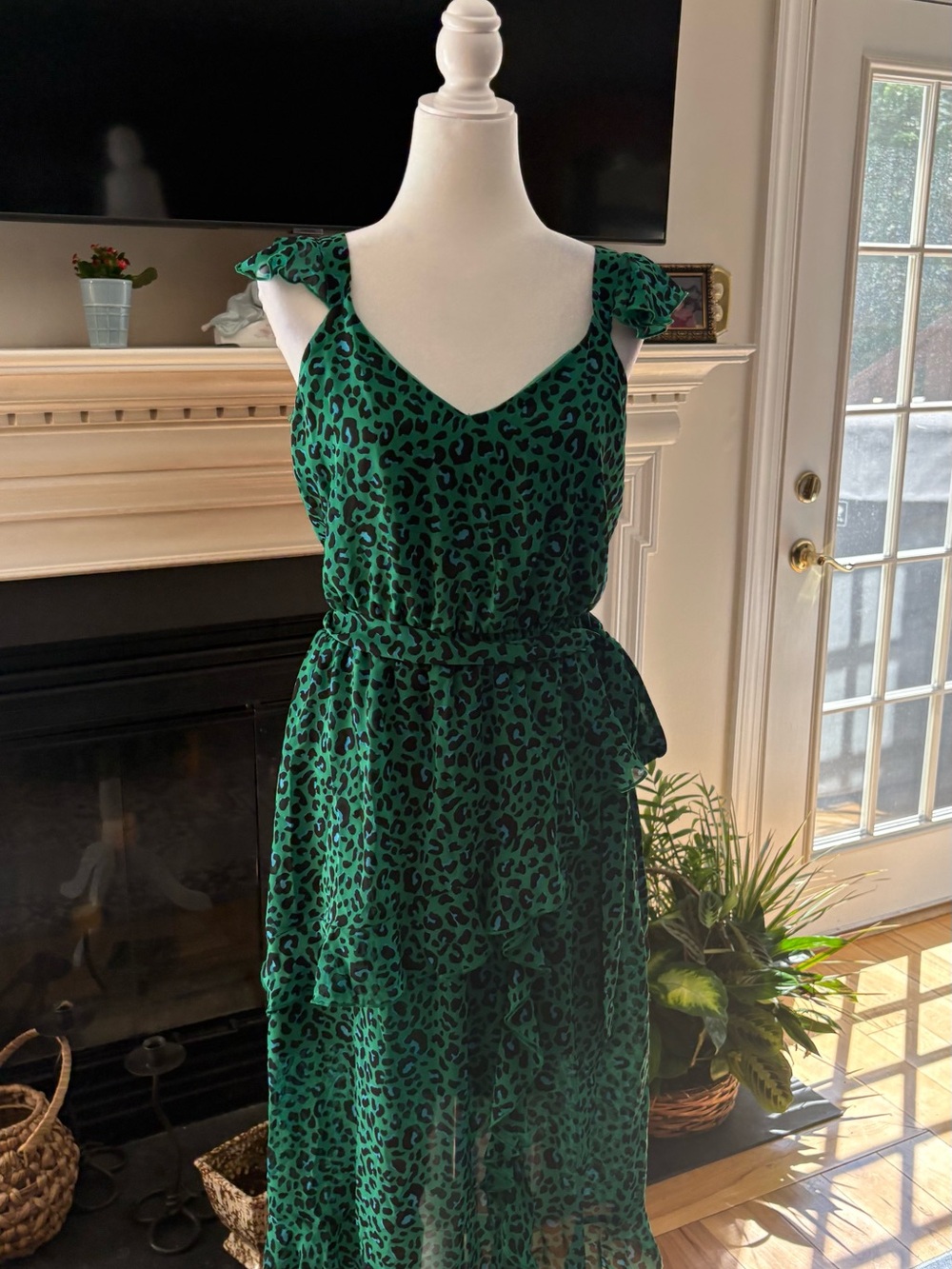 INC International Concepts Green Leopard-Print Ruffle Maxi Dress